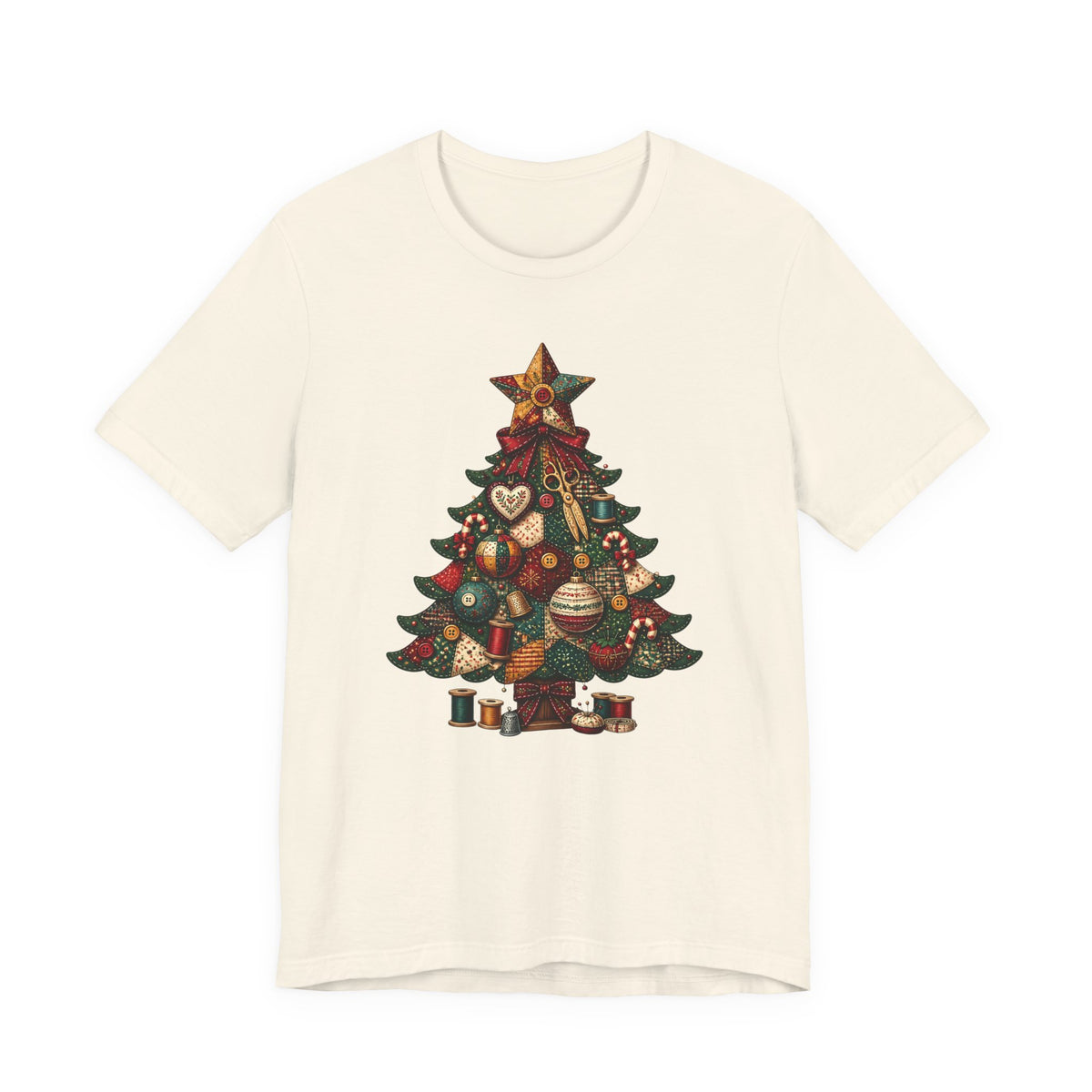 Patchwork Christmas Tree T-Shirt, Vintage Folk Art Quilted Holiday Tee for Quilters, Sewing Lovers & Crafters, Unisex Xmas Shirt