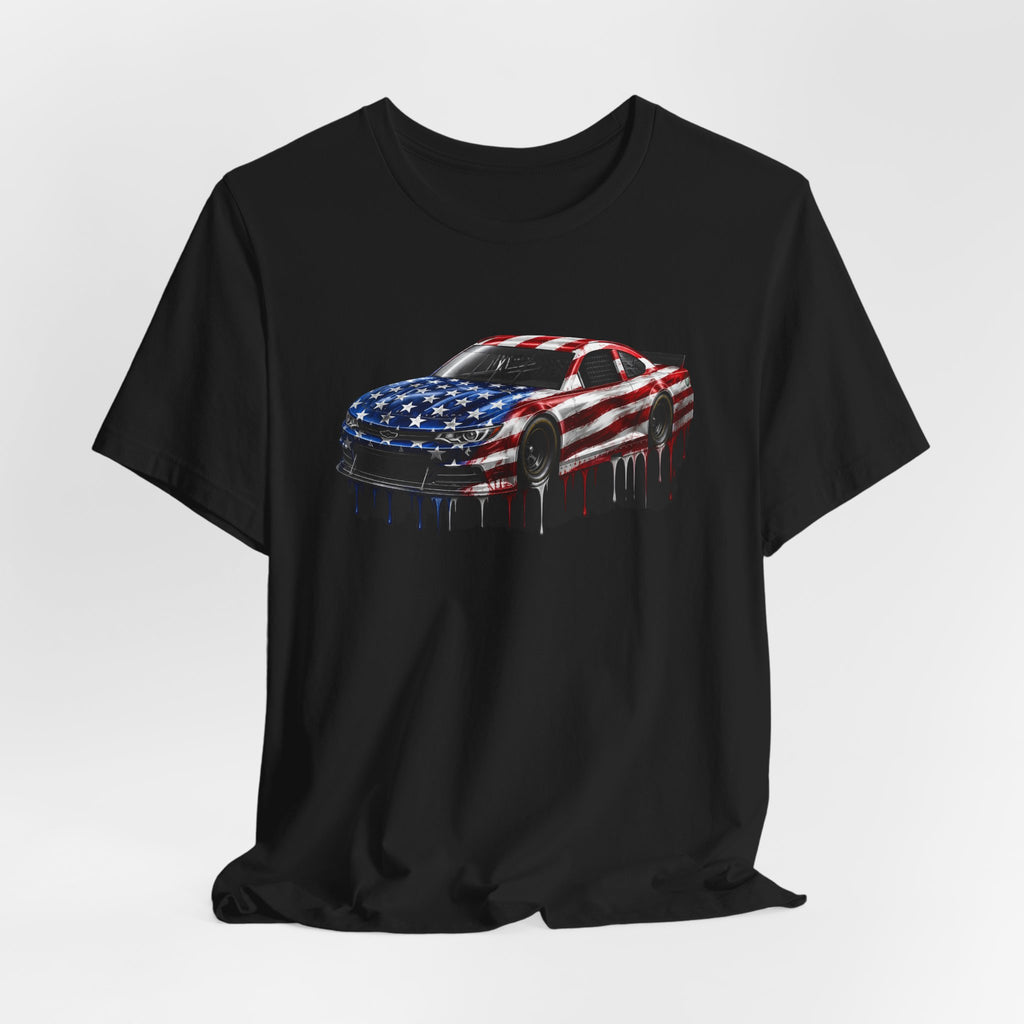 American Flag Race Car T-Shirt, Patriotic Paint Drip Racing Tee, USA Stock Car Shirt for Men and Women, 4th of July Racing Gift