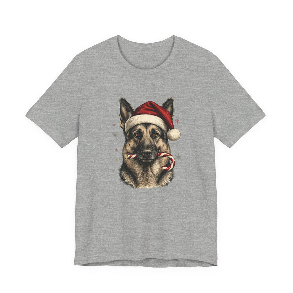 German Shepherd Christmas T-Shirt, Vintage Santa Hat Dog with Candy Cane Tee, Engraved Style German Shepherd Holiday Gift Shirt