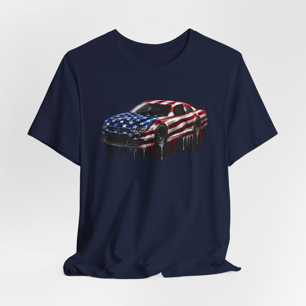 American Flag Race Car T-Shirt, Patriotic Paint Drip Racing Tee, USA Stock Car Shirt for Men and Women, 4th of July Racing Gift