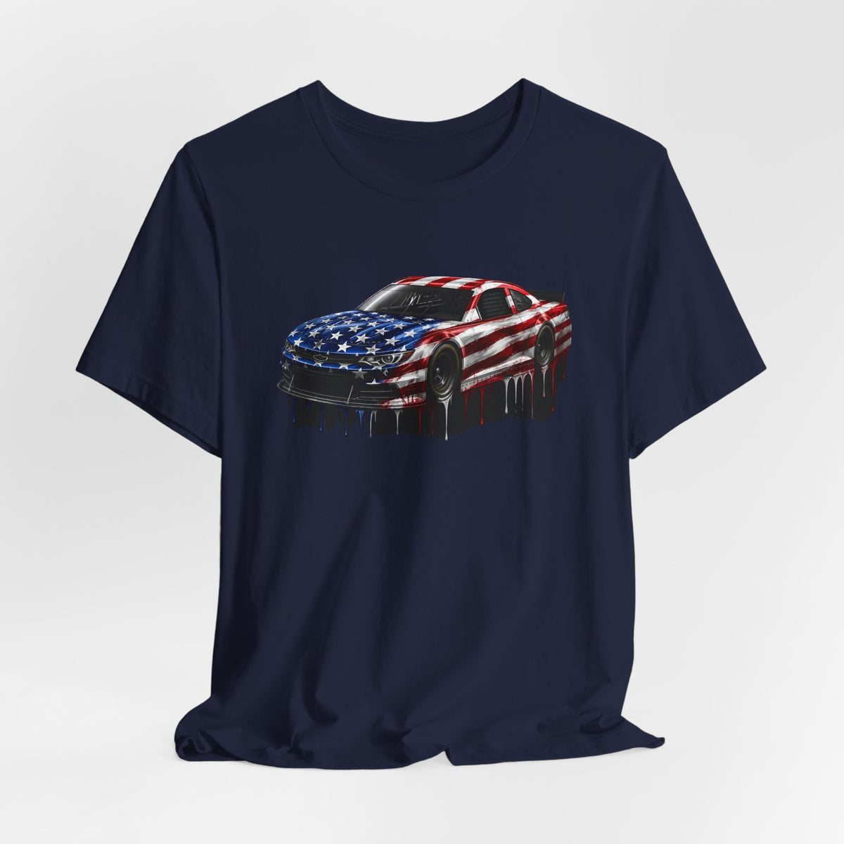 American Flag Race Car T-Shirt, Patriotic Paint Drip Racing Tee, USA Stock Car Shirt for Men and Women, 4th of July Racing Gift