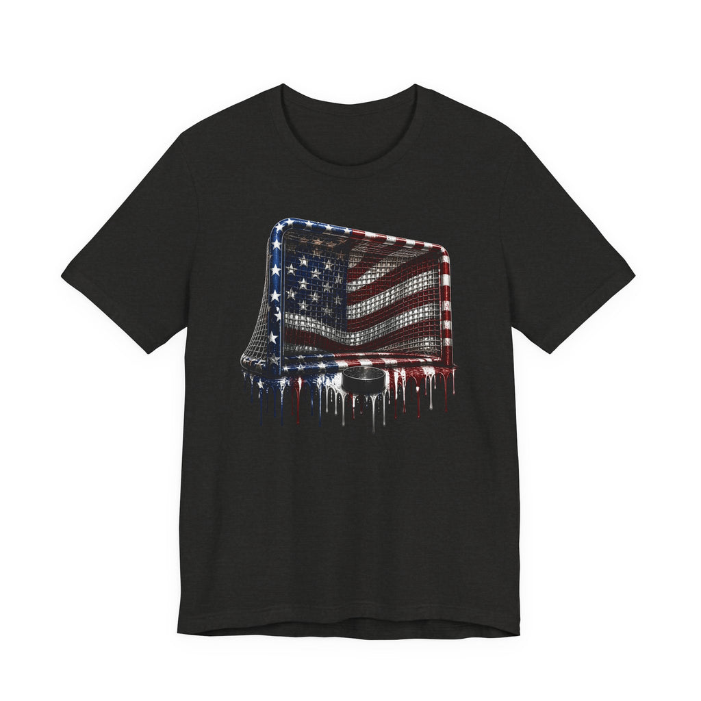 American Flag Hockey T-Shirt, Patriotic Paint Drip Hockey Goal Tee, USA Hockey Shirt for Men and Women, 4th of July Hockey Gift