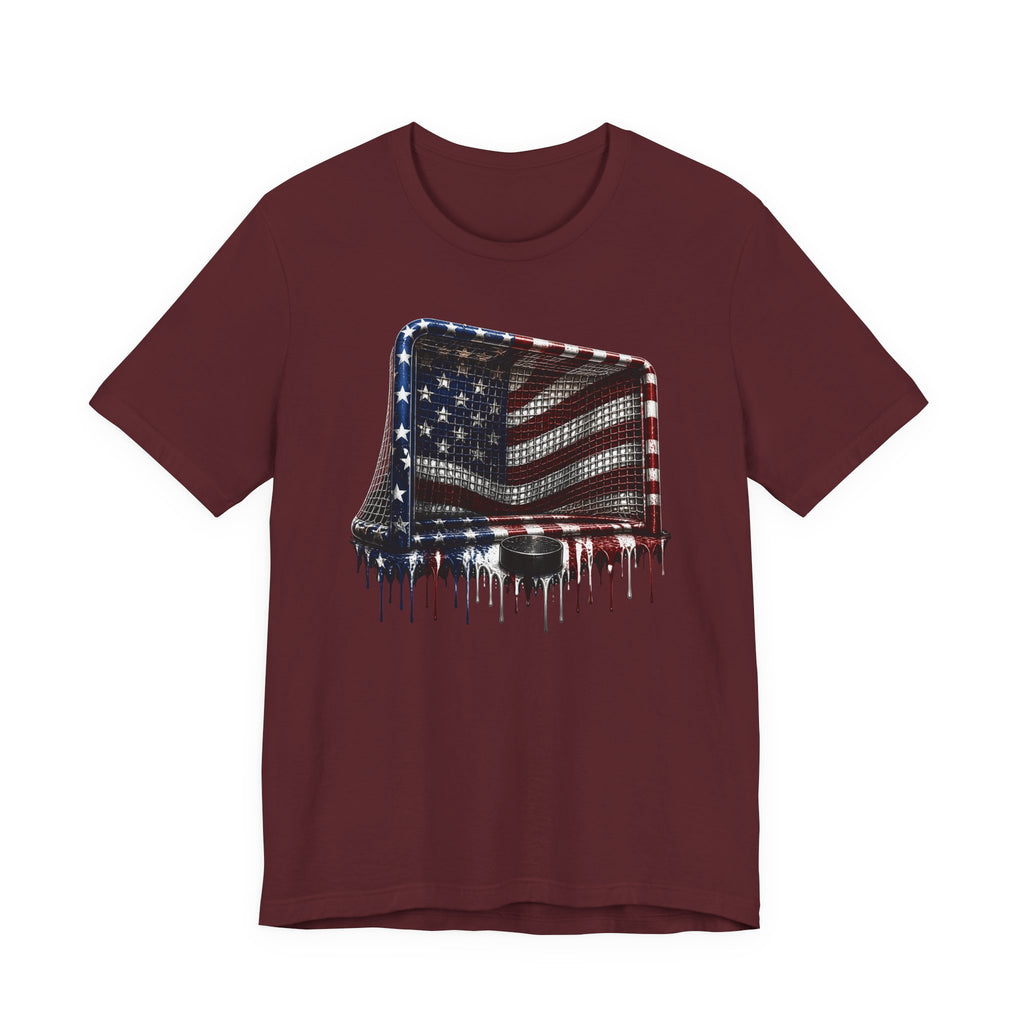 American Flag Hockey T-Shirt, Patriotic Paint Drip Hockey Goal Tee, USA Hockey Shirt for Men and Women, 4th of July Hockey Gift