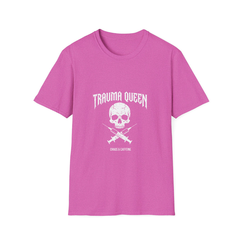Trauma Queen T-Shirt - Funny ER Nurse Emergency Room RN Gift - Edgy Rock Style Nursing Tee - Skull Crossbones