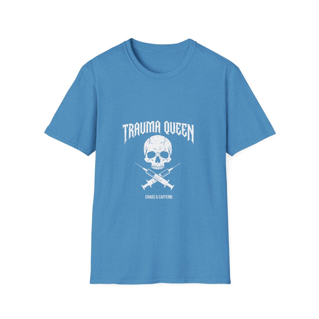 Trauma Queen T-Shirt - Funny ER Nurse Emergency Room RN Gift - Edgy Rock Style Nursing Tee - Skull Crossbones