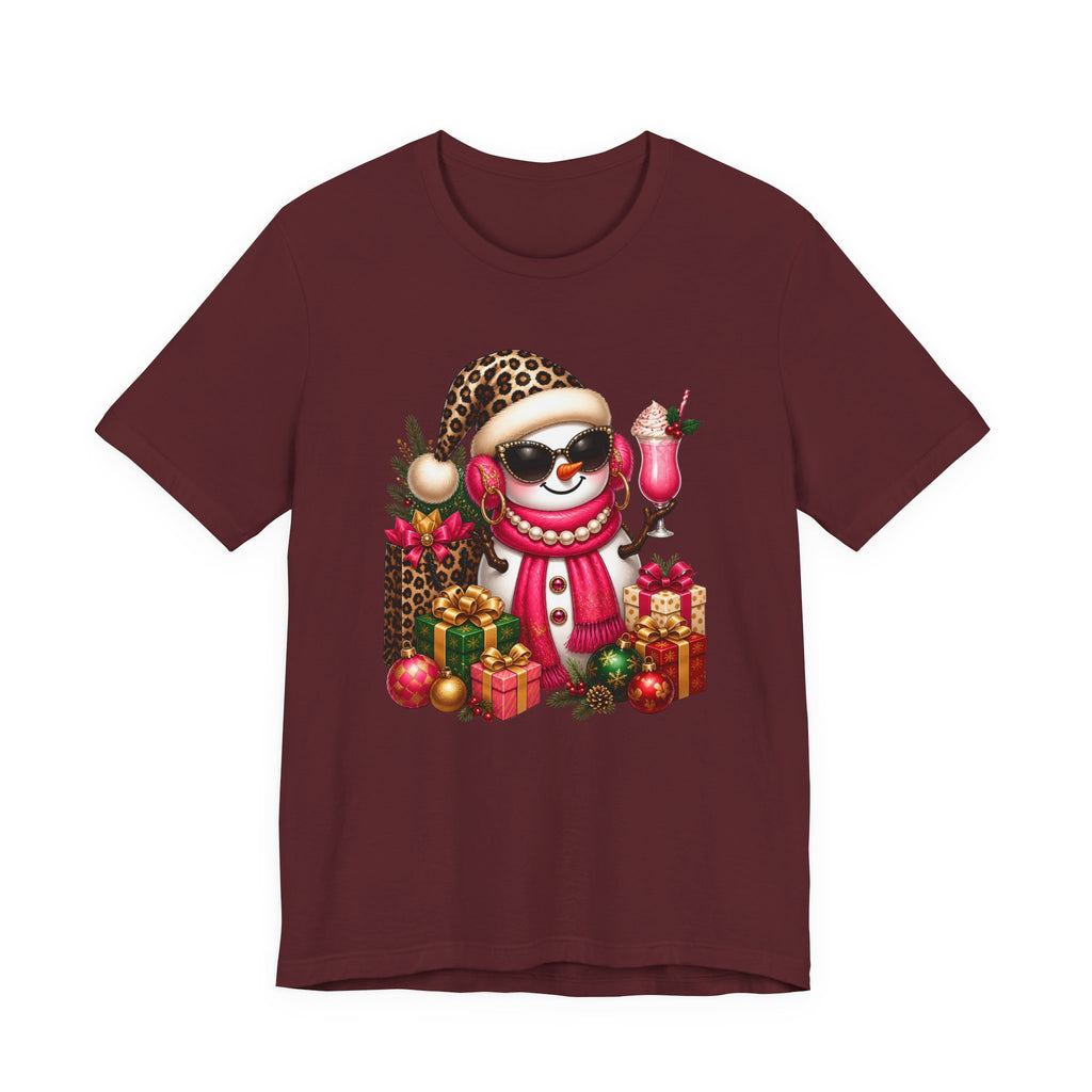 Glam Snowman Christmas T-Shirt, Leopard Print Santa Hat Snowman Tee with Pink Scarf & Sunglasses, Cute Trendy Holiday Shirt for Women
