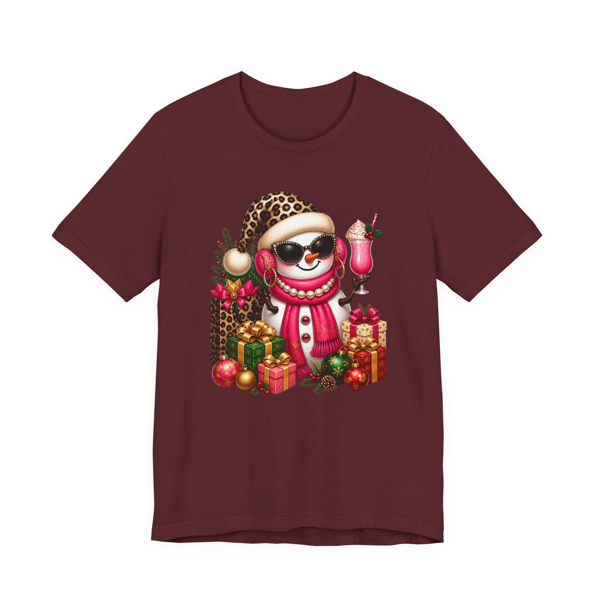 Glam Snowman Christmas T-Shirt, Leopard Print Santa Hat Snowman Tee with Pink Scarf & Sunglasses, Cute Trendy Holiday Shirt for Women
