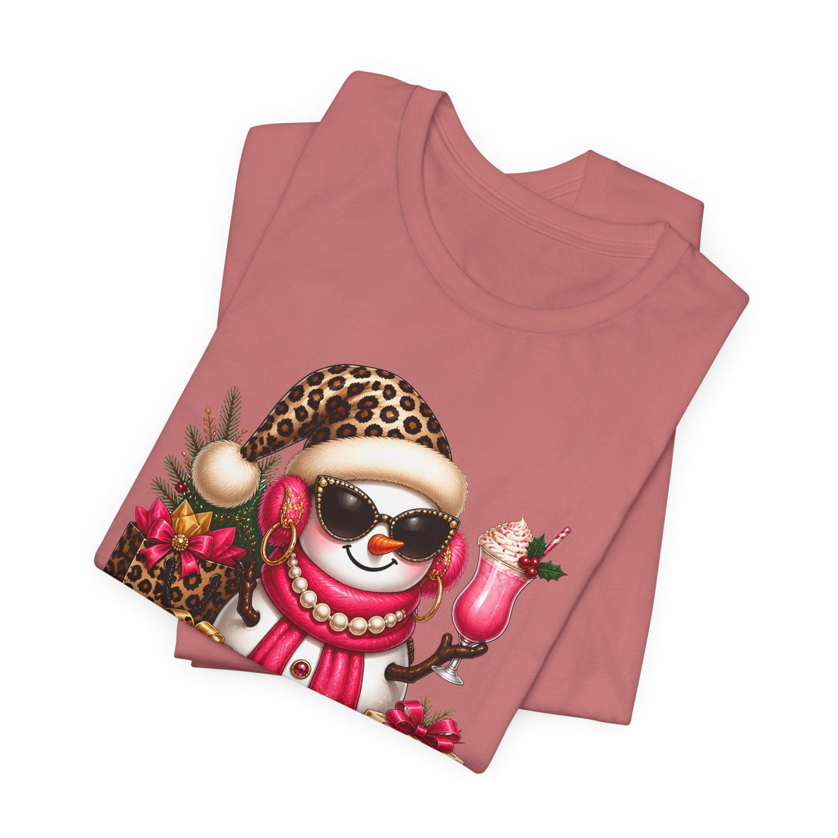 Glam Snowman Christmas T-Shirt, Leopard Print Santa Hat Snowman Tee with Pink Scarf & Sunglasses, Cute Trendy Holiday Shirt for Women
