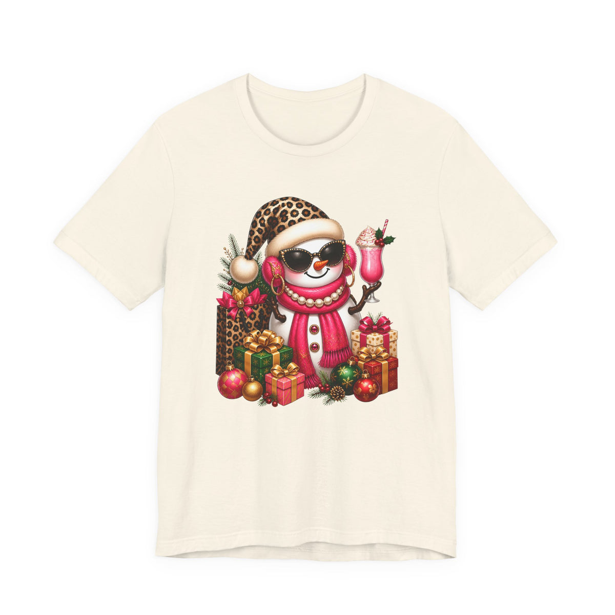 Glam Snowman Christmas T-Shirt, Leopard Print Santa Hat Snowman Tee with Pink Scarf & Sunglasses, Cute Trendy Holiday Shirt for Women