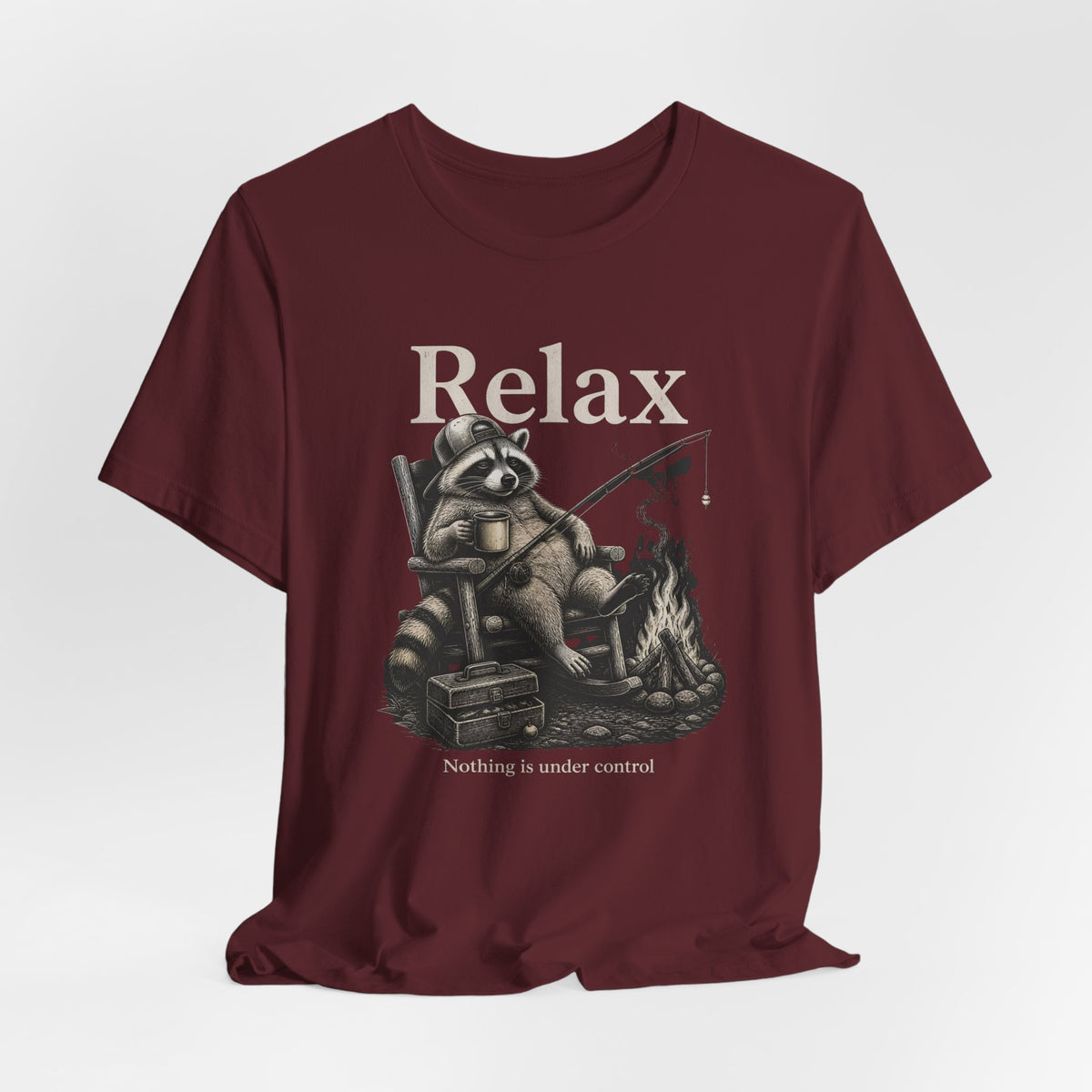 Relax Nothing Is Under Control Raccoon Campfire Fishing Shirt, Funny Vintage Camping T-Shirt, Sarcastic Outdoor Gift, Unisex Tee