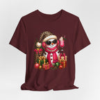 Glam Snowman Christmas T-Shirt, Leopard Print Santa Hat Snowman Tee with Pink Scarf & Sunglasses, Cute Trendy Holiday Shirt for Women