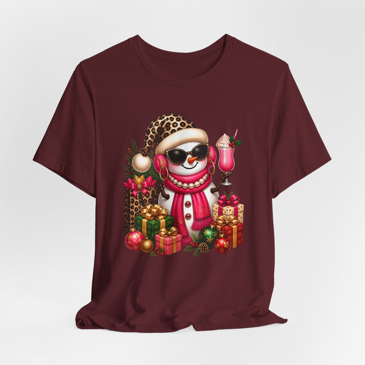 Glam Snowman Christmas T-Shirt, Leopard Print Santa Hat Snowman Tee with Pink Scarf & Sunglasses, Cute Trendy Holiday Shirt for Women