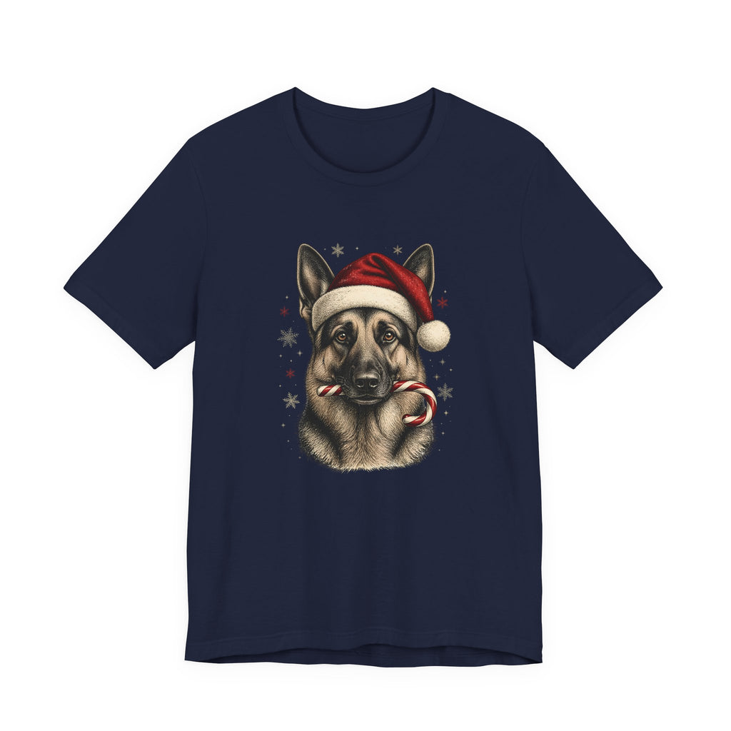 German Shepherd Christmas T-Shirt, Vintage Santa Hat Dog with Candy Cane Tee, Engraved Style German Shepherd Holiday Gift Shirt