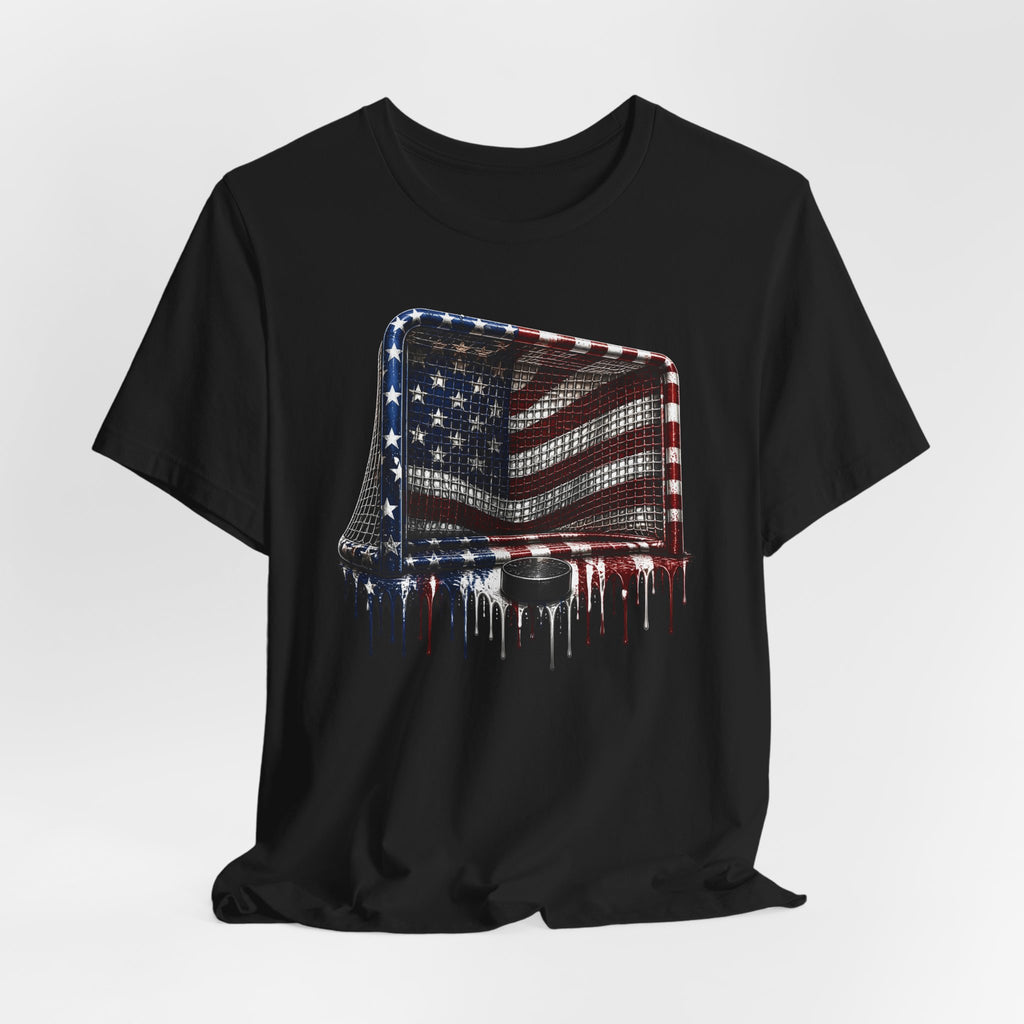 American Flag Hockey T-Shirt, Patriotic Paint Drip Hockey Goal Tee, USA Hockey Shirt for Men and Women, 4th of July Hockey Gift
