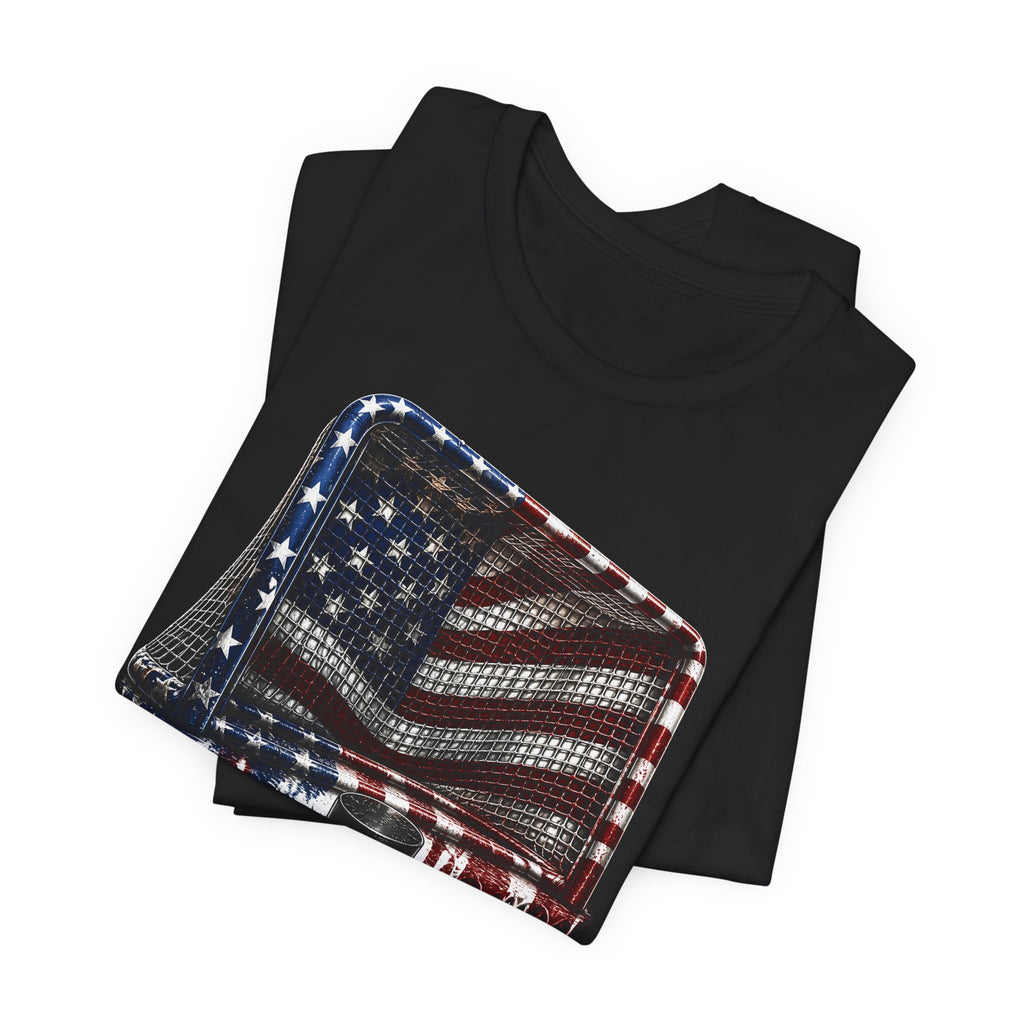 American Flag Hockey T-Shirt, Patriotic Paint Drip Hockey Goal Tee, USA Hockey Shirt for Men and Women, 4th of July Hockey Gift