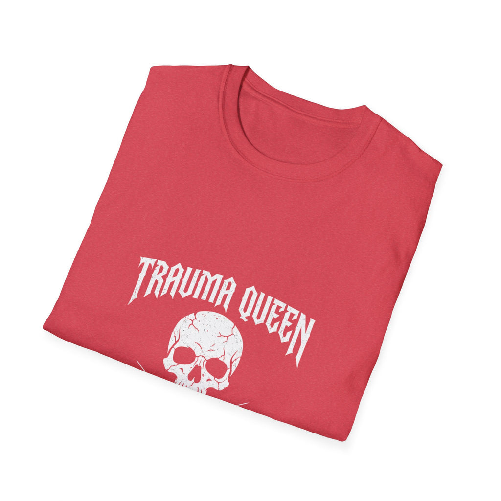 Trauma Queen T-Shirt - Funny ER Nurse Emergency Room RN Gift - Edgy Rock Style Nursing Tee - Skull Crossbones
