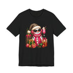 Glam Snowman Christmas T-Shirt, Leopard Print Santa Hat Snowman Tee with Pink Scarf & Sunglasses, Cute Trendy Holiday Shirt for Women