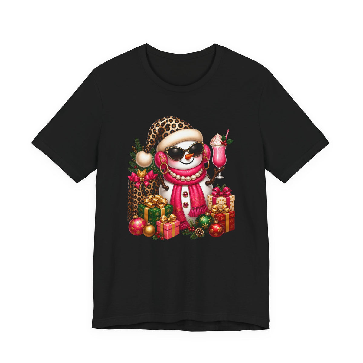 Glam Snowman Christmas T-Shirt, Leopard Print Santa Hat Snowman Tee with Pink Scarf & Sunglasses, Cute Trendy Holiday Shirt for Women