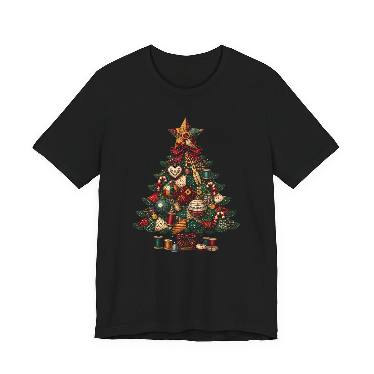 Patchwork Christmas Tree T-Shirt, Vintage Folk Art Quilted Holiday Tee for Quilters, Sewing Lovers & Crafters, Unisex Xmas Shirt