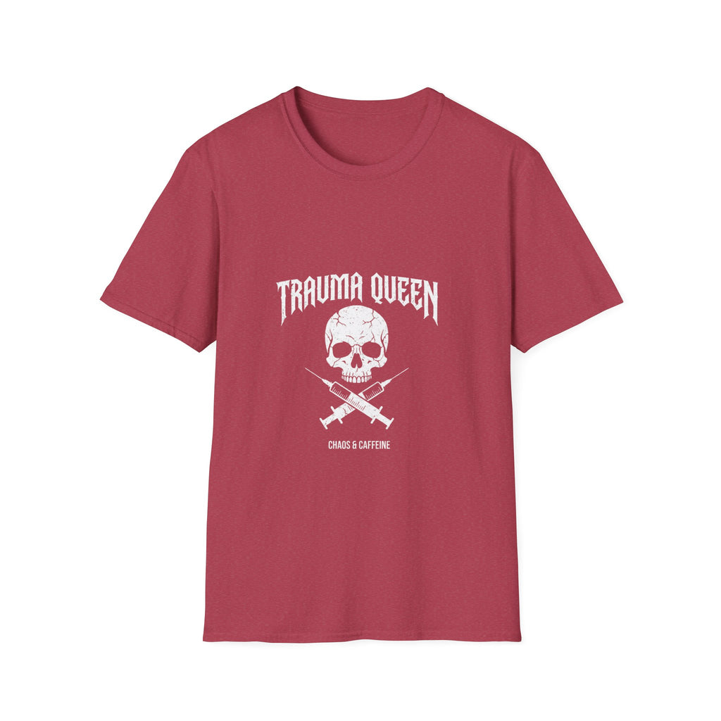 Trauma Queen T-Shirt - Funny ER Nurse Emergency Room RN Gift - Edgy Rock Style Nursing Tee - Skull Crossbones