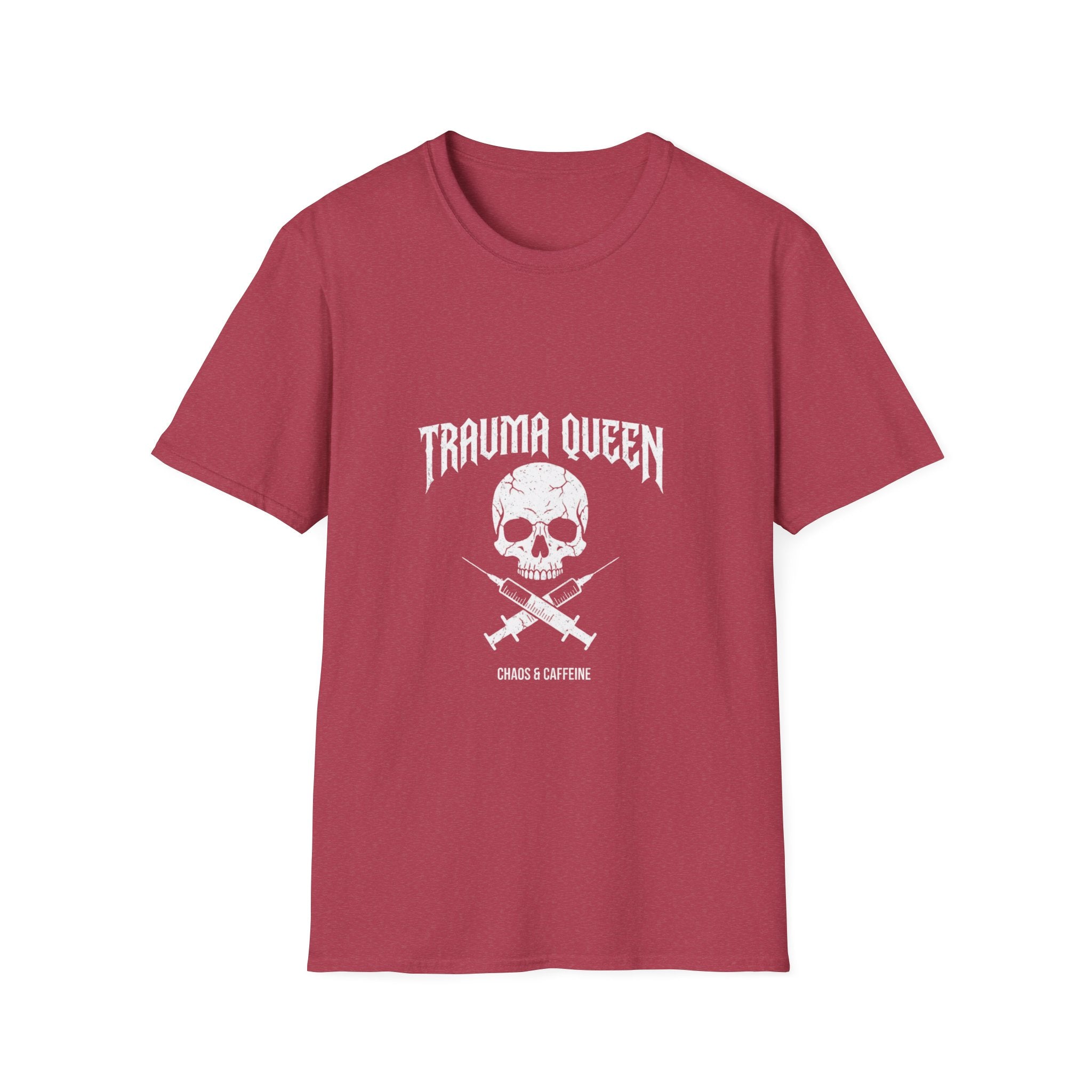Trauma Queen T-Shirt - Funny ER Nurse Emergency Room RN Gift - Edgy Rock Style Nursing Tee - Skull Crossbones