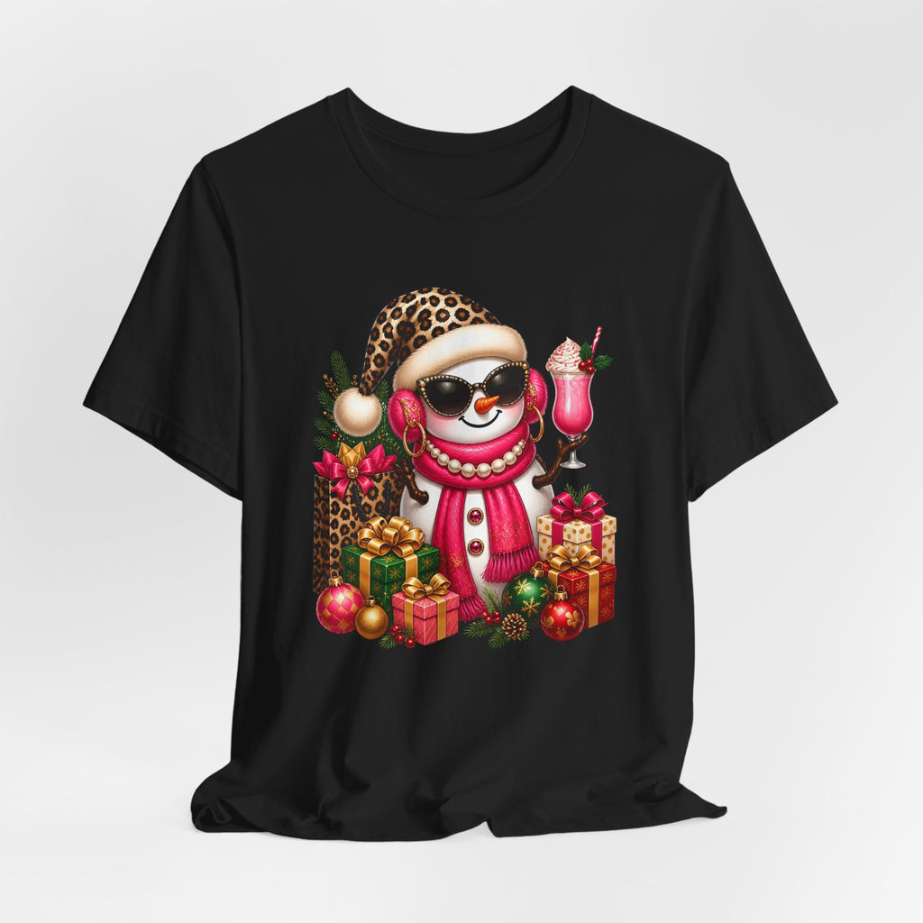 Glam Snowman Christmas T-Shirt, Leopard Print Santa Hat Snowman Tee with Pink Scarf & Sunglasses, Cute Trendy Holiday Shirt for Women