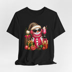 Glam Snowman Christmas T-Shirt, Leopard Print Santa Hat Snowman Tee with Pink Scarf & Sunglasses, Cute Trendy Holiday Shirt for Women