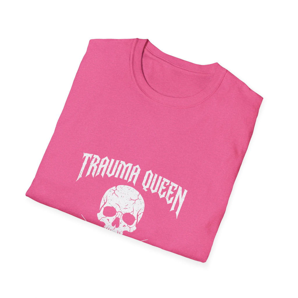 Trauma Queen T-Shirt - Funny ER Nurse Emergency Room RN Gift - Edgy Rock Style Nursing Tee - Skull Crossbones