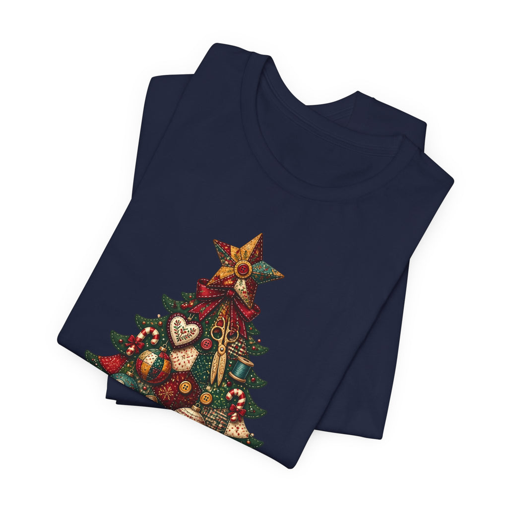 Patchwork Christmas Tree T-Shirt, Vintage Folk Art Quilted Holiday Tee for Quilters, Sewing Lovers & Crafters, Unisex Xmas Shirt