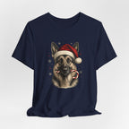 German Shepherd Christmas T-Shirt, Vintage Santa Hat Dog with Candy Cane Tee, Engraved Style German Shepherd Holiday Gift Shirt