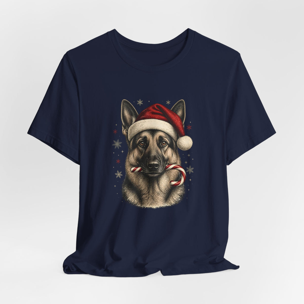 German Shepherd Christmas T-Shirt, Vintage Santa Hat Dog with Candy Cane Tee, Engraved Style German Shepherd Holiday Gift Shirt