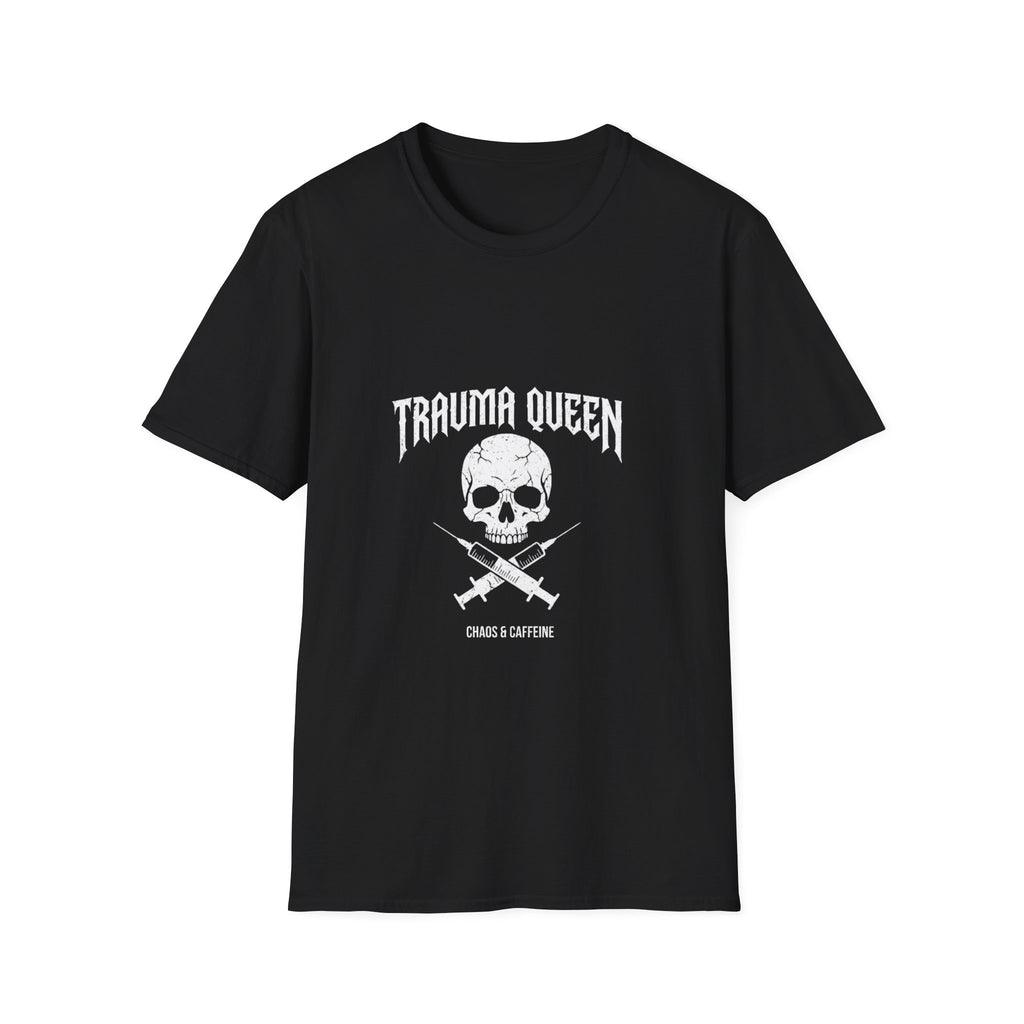 Trauma Queen T-Shirt - Funny ER Nurse Emergency Room RN Gift - Edgy Rock Style Nursing Tee - Skull Crossbones
