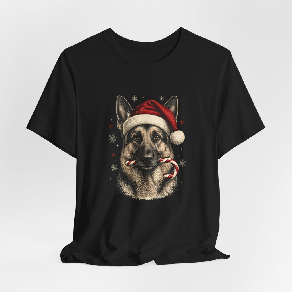 German Shepherd Christmas T-Shirt, Vintage Santa Hat Dog with Candy Cane Tee, Engraved Style German Shepherd Holiday Gift Shirt