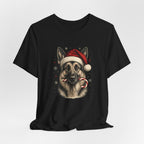 German Shepherd Christmas T-Shirt, Vintage Santa Hat Dog with Candy Cane Tee, Engraved Style German Shepherd Holiday Gift Shirt