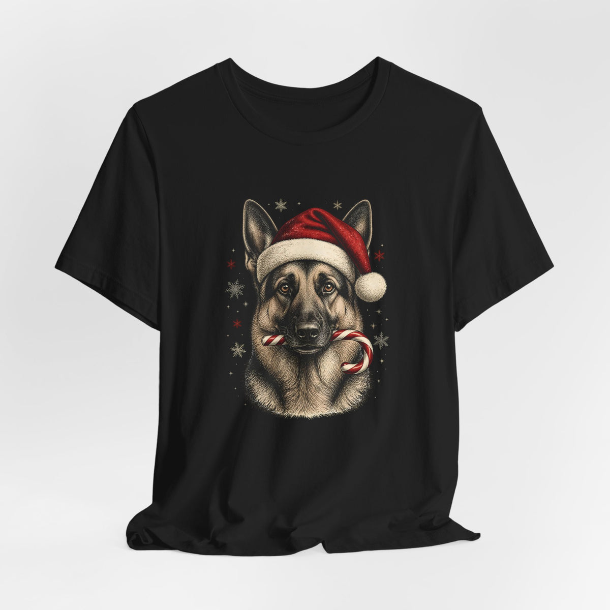 German Shepherd Christmas T-Shirt, Vintage Santa Hat Dog with Candy Cane Tee, Engraved Style German Shepherd Holiday Gift Shirt