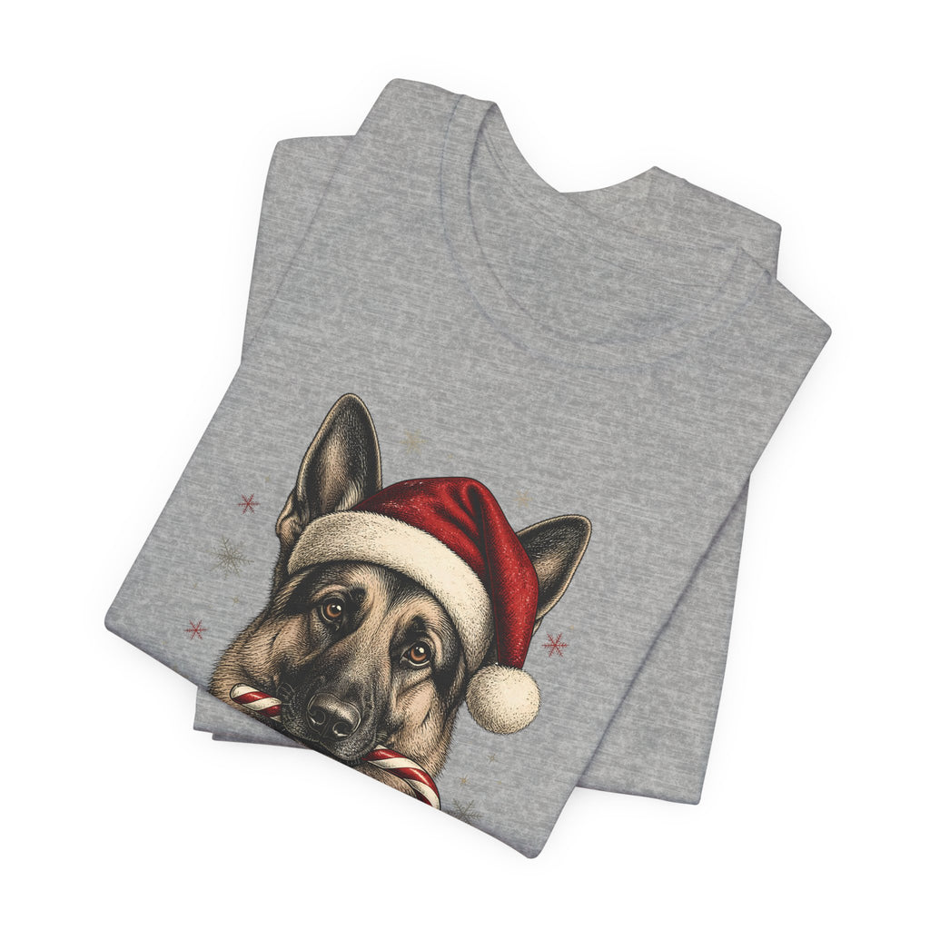 German Shepherd Christmas T-Shirt, Vintage Santa Hat Dog with Candy Cane Tee, Engraved Style German Shepherd Holiday Gift Shirt