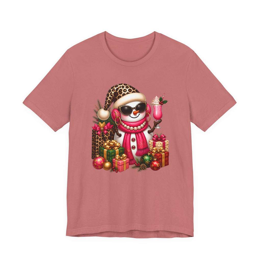 Glam Snowman Christmas T-Shirt, Leopard Print Santa Hat Snowman Tee with Pink Scarf & Sunglasses, Cute Trendy Holiday Shirt for Women