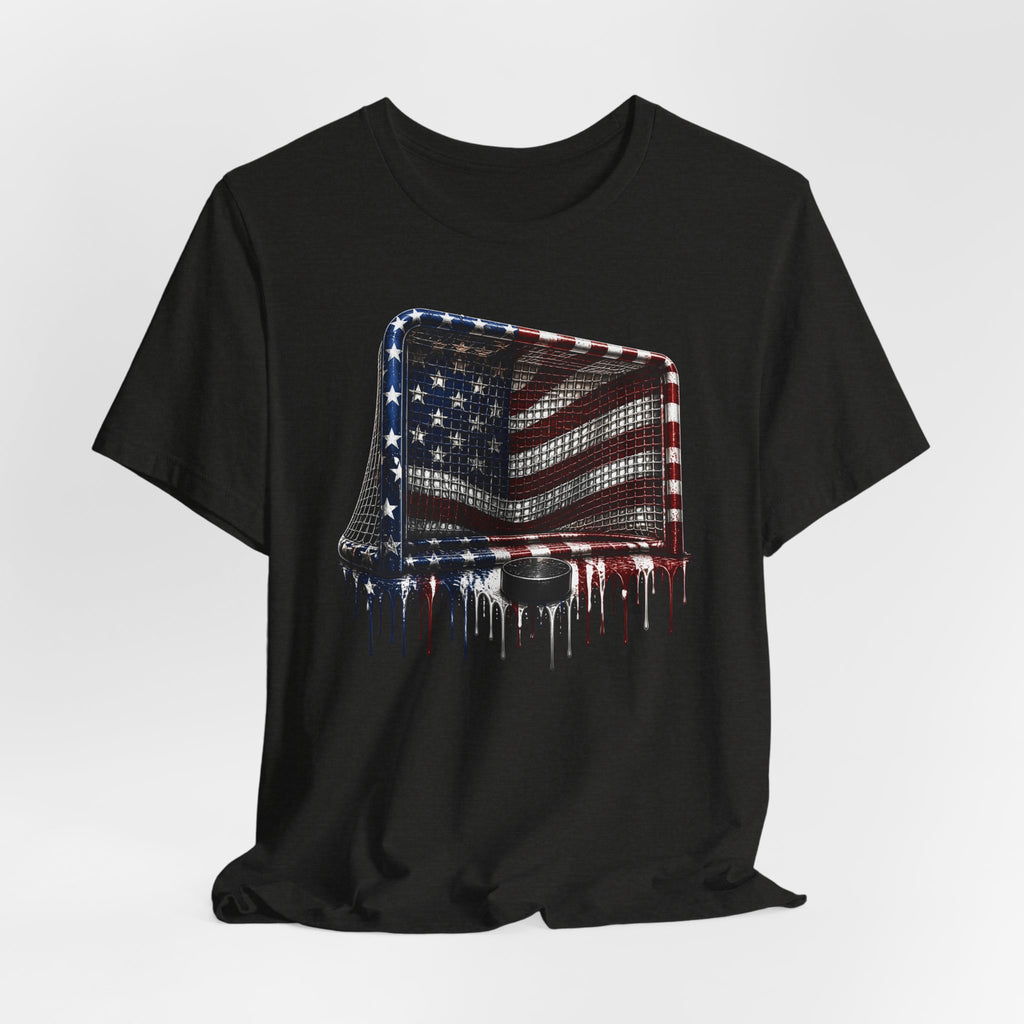 American Flag Hockey T-Shirt, Patriotic Paint Drip Hockey Goal Tee, USA Hockey Shirt for Men and Women, 4th of July Hockey Gift