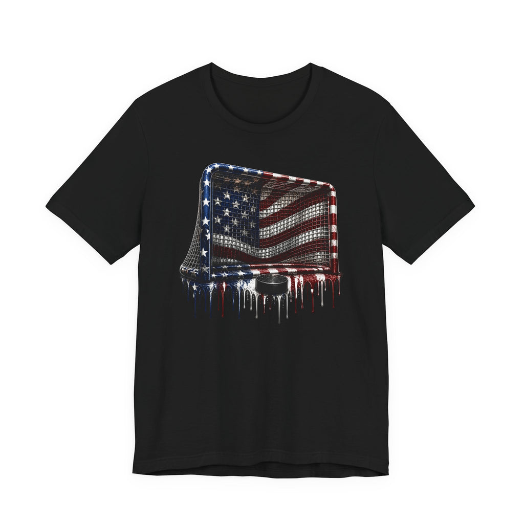 American Flag Hockey T-Shirt, Patriotic Paint Drip Hockey Goal Tee, USA Hockey Shirt for Men and Women, 4th of July Hockey Gift