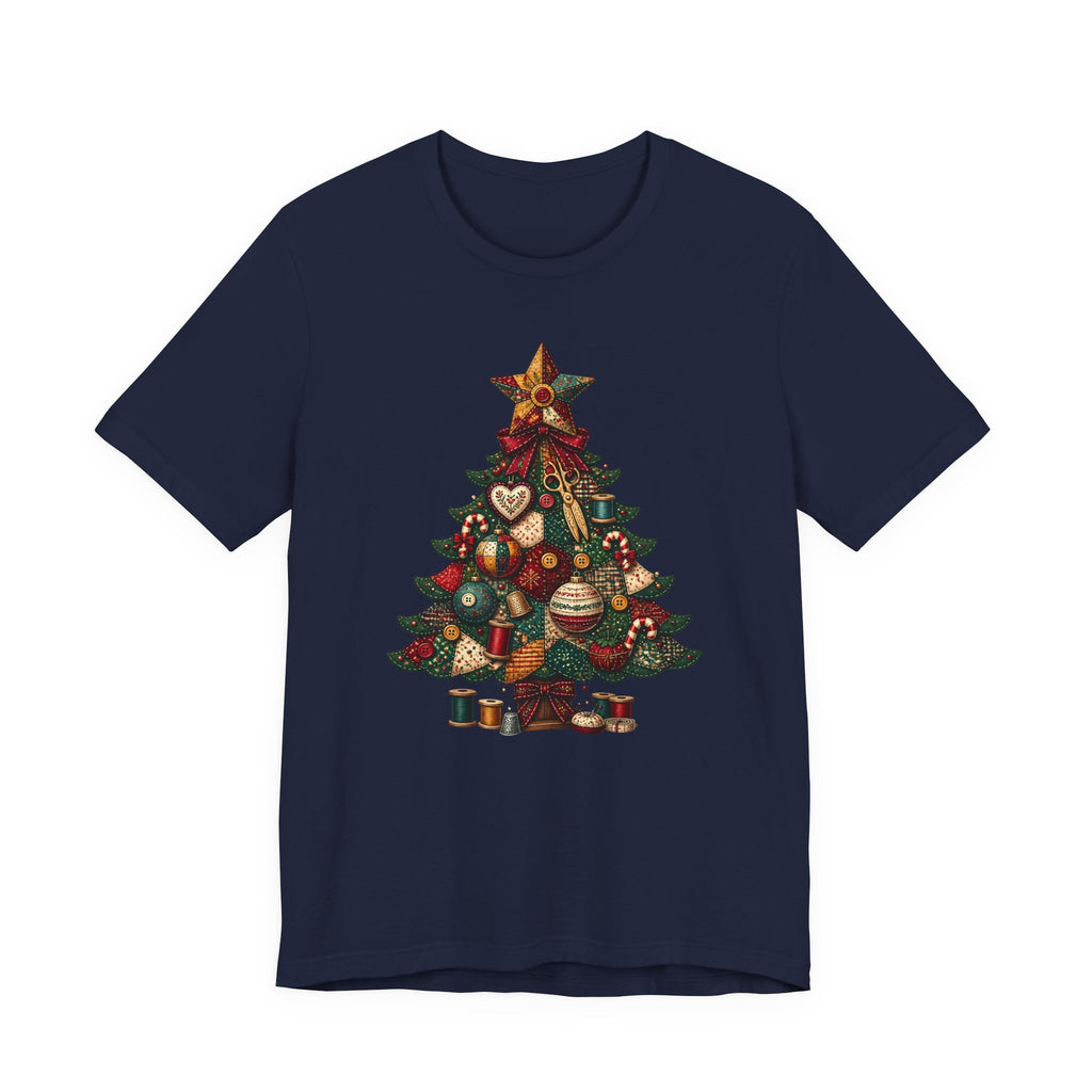Patchwork Christmas Tree T-Shirt, Vintage Folk Art Quilted Holiday Tee for Quilters, Sewing Lovers & Crafters, Unisex Xmas Shirt