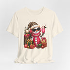 Glam Snowman Christmas T-Shirt, Leopard Print Santa Hat Snowman Tee with Pink Scarf & Sunglasses, Cute Trendy Holiday Shirt for Women