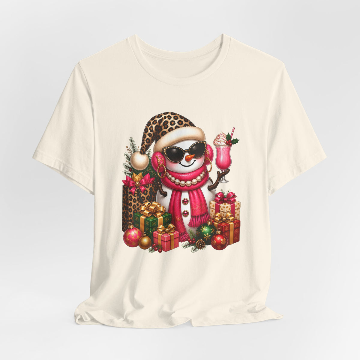 Glam Snowman Christmas T-Shirt, Leopard Print Santa Hat Snowman Tee with Pink Scarf & Sunglasses, Cute Trendy Holiday Shirt for Women