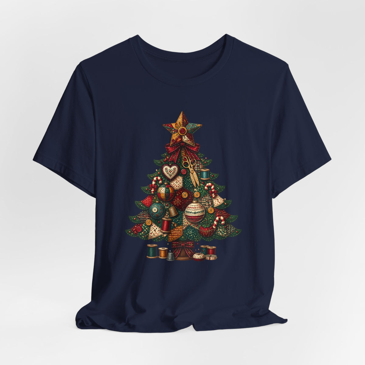 Patchwork Christmas Tree T-Shirt, Vintage Folk Art Quilted Holiday Tee for Quilters, Sewing Lovers & Crafters, Unisex Xmas Shirt