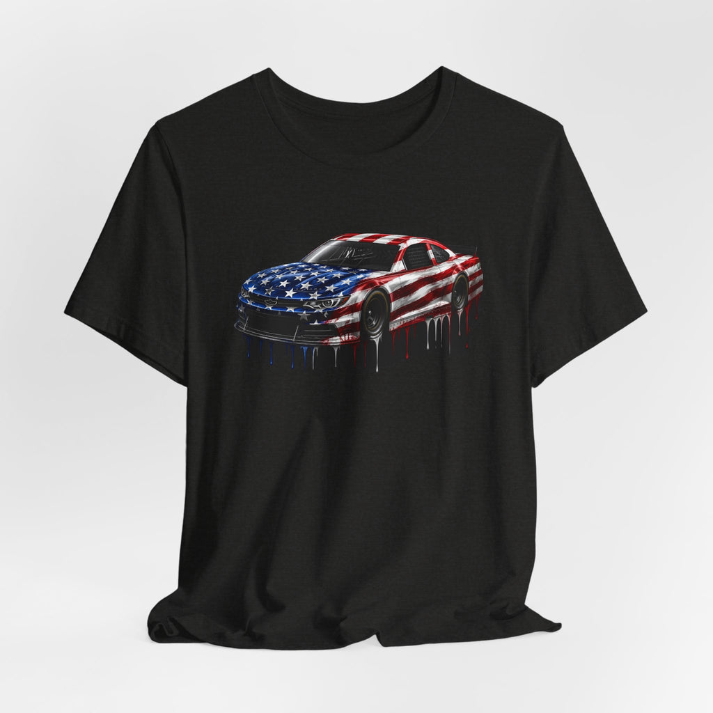 American Flag Race Car T-Shirt, Patriotic Paint Drip Racing Tee, USA Stock Car Shirt for Men and Women, 4th of July Racing Gift