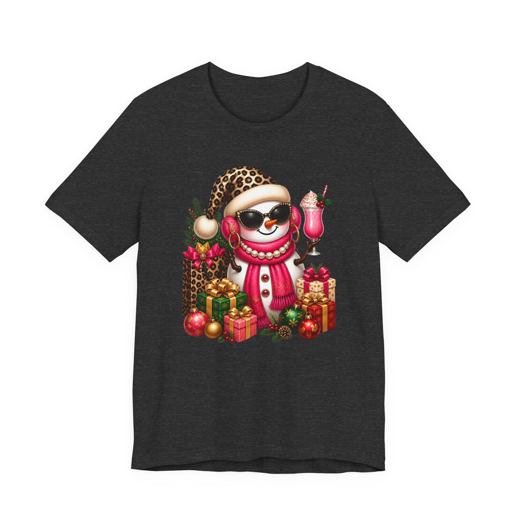 Glam Snowman Christmas T-Shirt, Leopard Print Santa Hat Snowman Tee with Pink Scarf & Sunglasses, Cute Trendy Holiday Shirt for Women