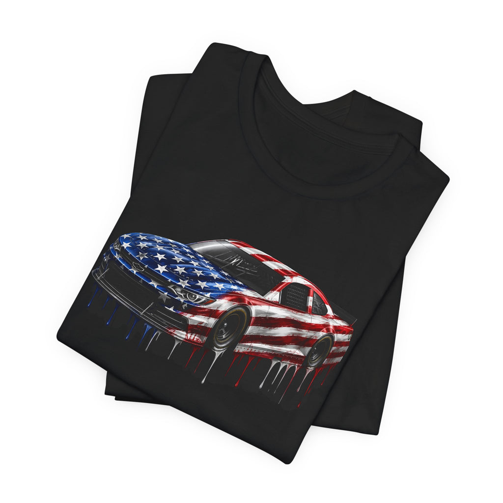American Flag Race Car T-Shirt, Patriotic Paint Drip Racing Tee, USA Stock Car Shirt for Men and Women, 4th of July Racing Gift