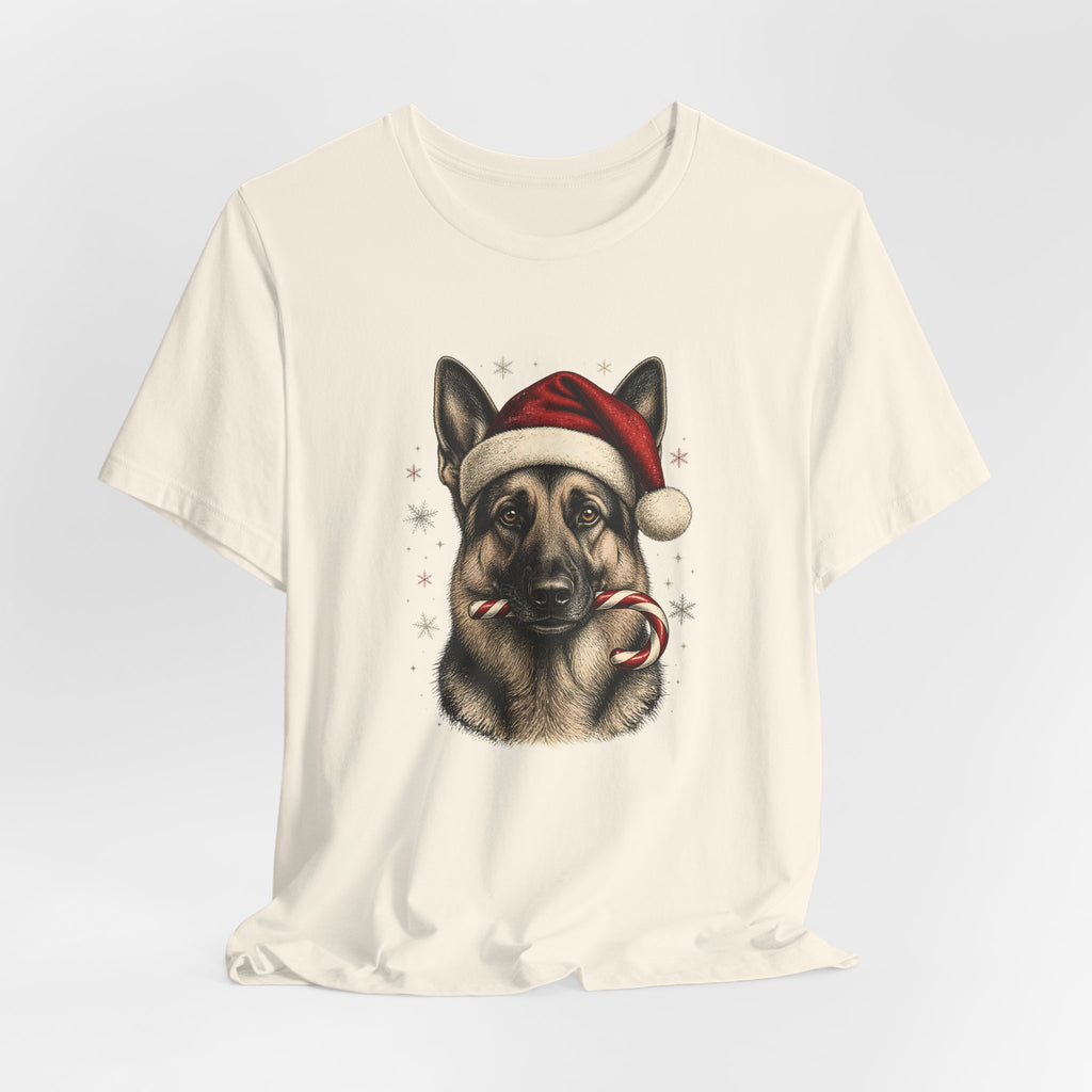 German Shepherd Christmas T-Shirt, Vintage Santa Hat Dog with Candy Cane Tee, Engraved Style German Shepherd Holiday Gift Shirt