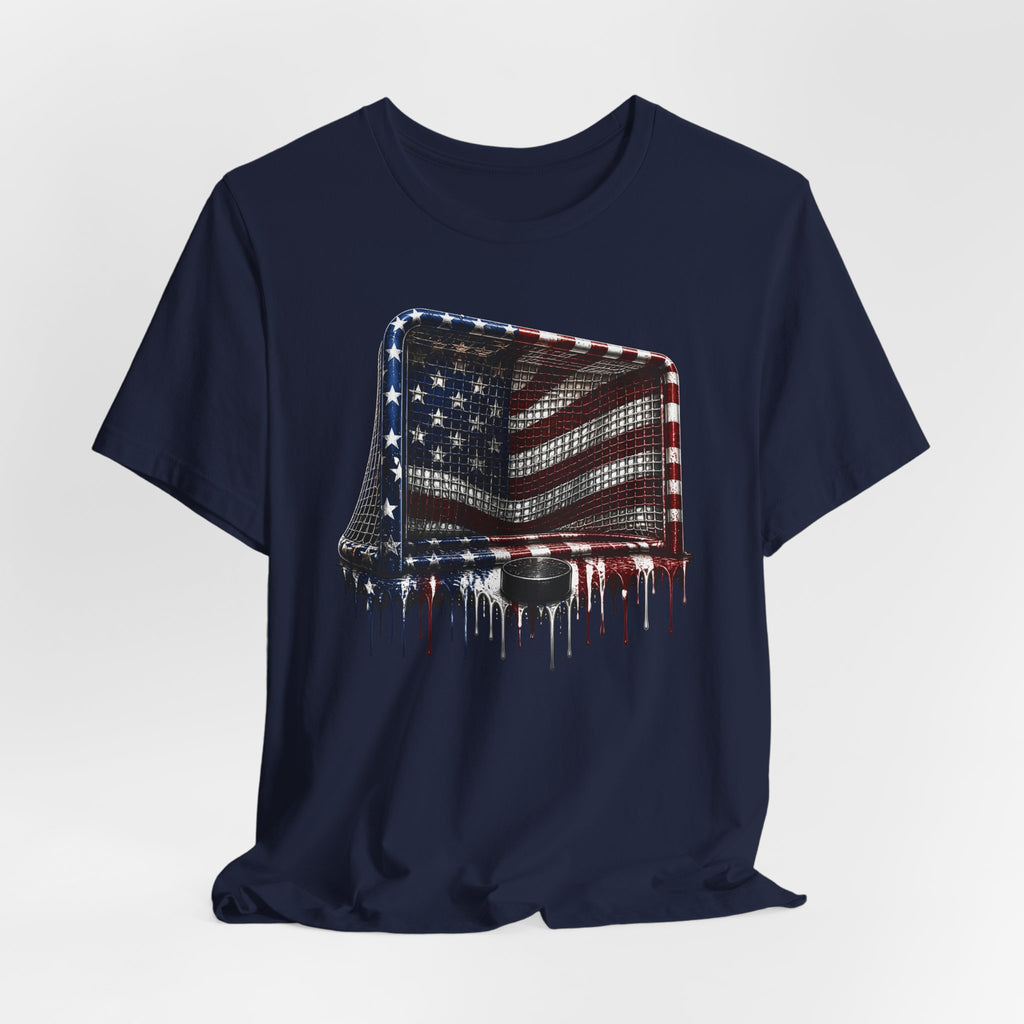 American Flag Hockey T-Shirt, Patriotic Paint Drip Hockey Goal Tee, USA Hockey Shirt for Men and Women, 4th of July Hockey Gift