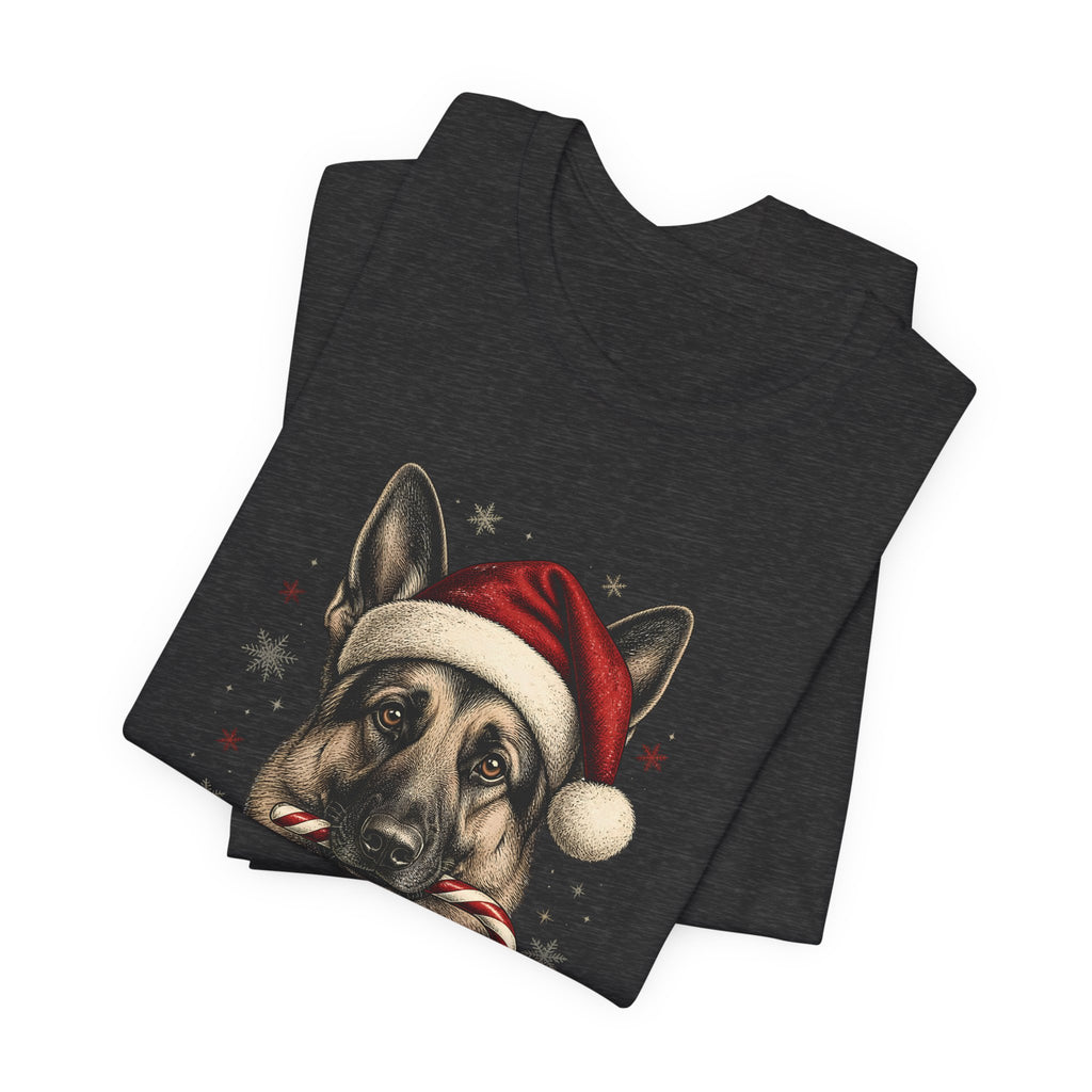 German Shepherd Christmas T-Shirt, Vintage Santa Hat Dog with Candy Cane Tee, Engraved Style German Shepherd Holiday Gift Shirt