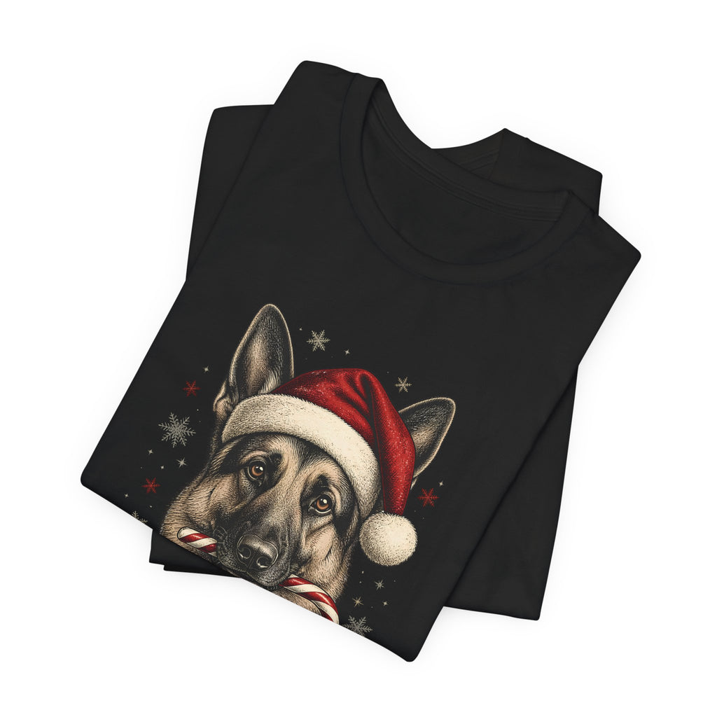 German Shepherd Christmas T-Shirt, Vintage Santa Hat Dog with Candy Cane Tee, Engraved Style German Shepherd Holiday Gift Shirt